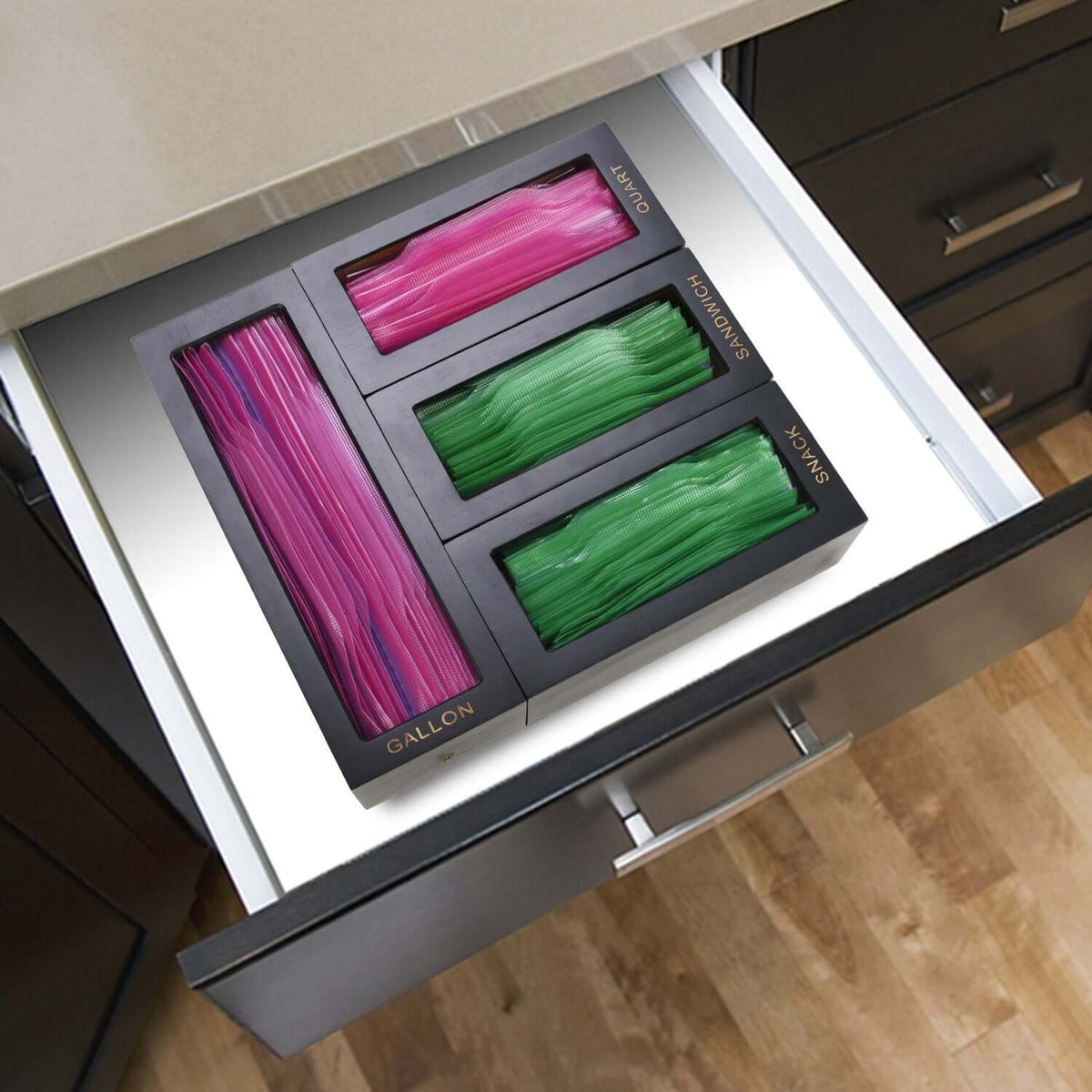 Cozee Bay Bamboo Bag Storage Organizer for Kitchen Drawer, Baggie organizer, Compatible with Gallon, Quart, Sandwich and Snack Variety Size Bags 4 Piece Set (Black)