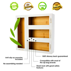 Cozee Bay Bamboo Bag Storage Organizer for Kitchen Drawer, Baggie organizer, Compatible with Gallon, Quart, Sandwich and Snack Variety Size Bags 4 Piece Set (White)
