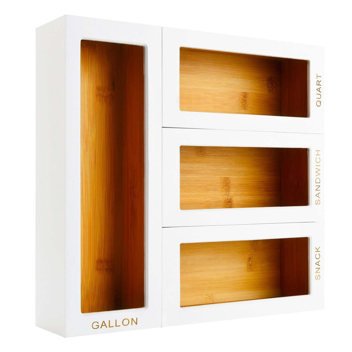 Cozee Bay Bamboo Bag Storage Organizer for Kitchen Drawer, Baggie organizer, Compatible with Gallon, Quart, Sandwich and Snack Variety Size Bags 4 Piece Set (White)