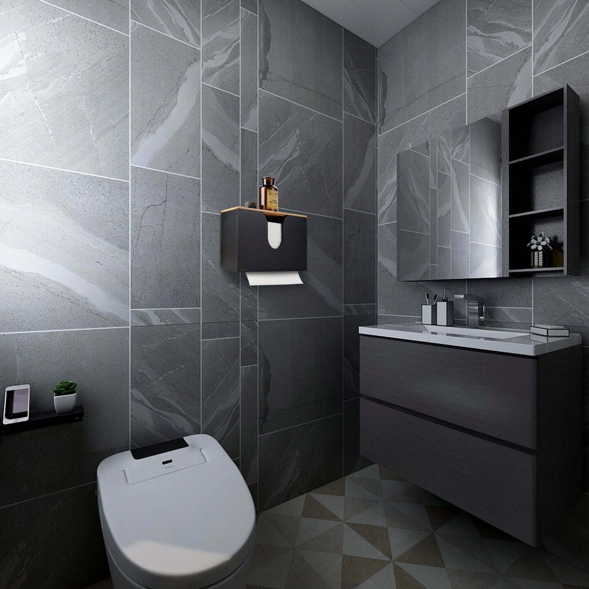 Cozee Bay Bamboo Paper Towel Dispenser, Paper Towel Holder with Lid for Home and Commercial, Wall Mount or Countertop (Black)