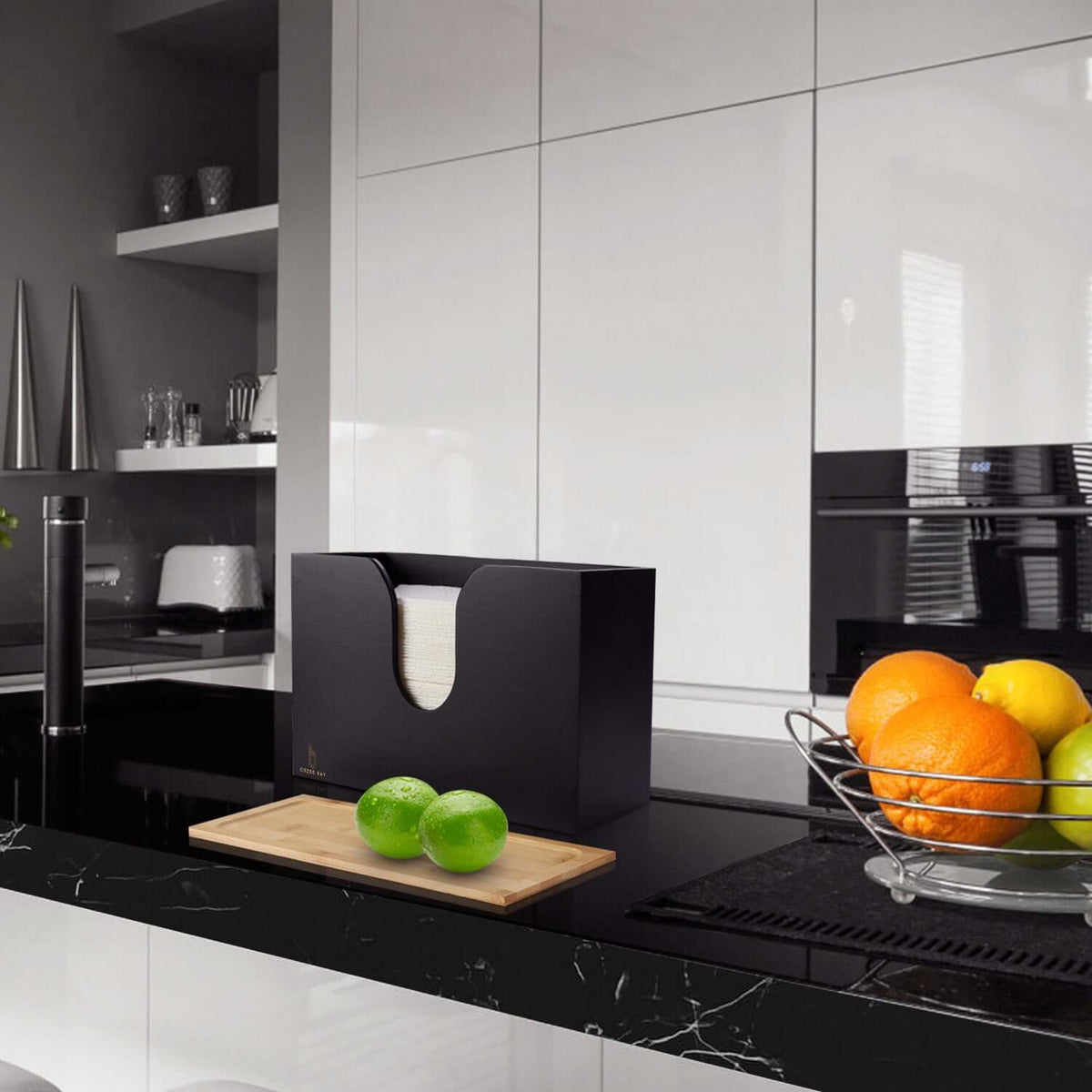 Cozee Bay Bamboo Paper Towel Dispenser, Paper Towel Holder with Lid for Home and Commercial, Wall Mount or Countertop (Black)