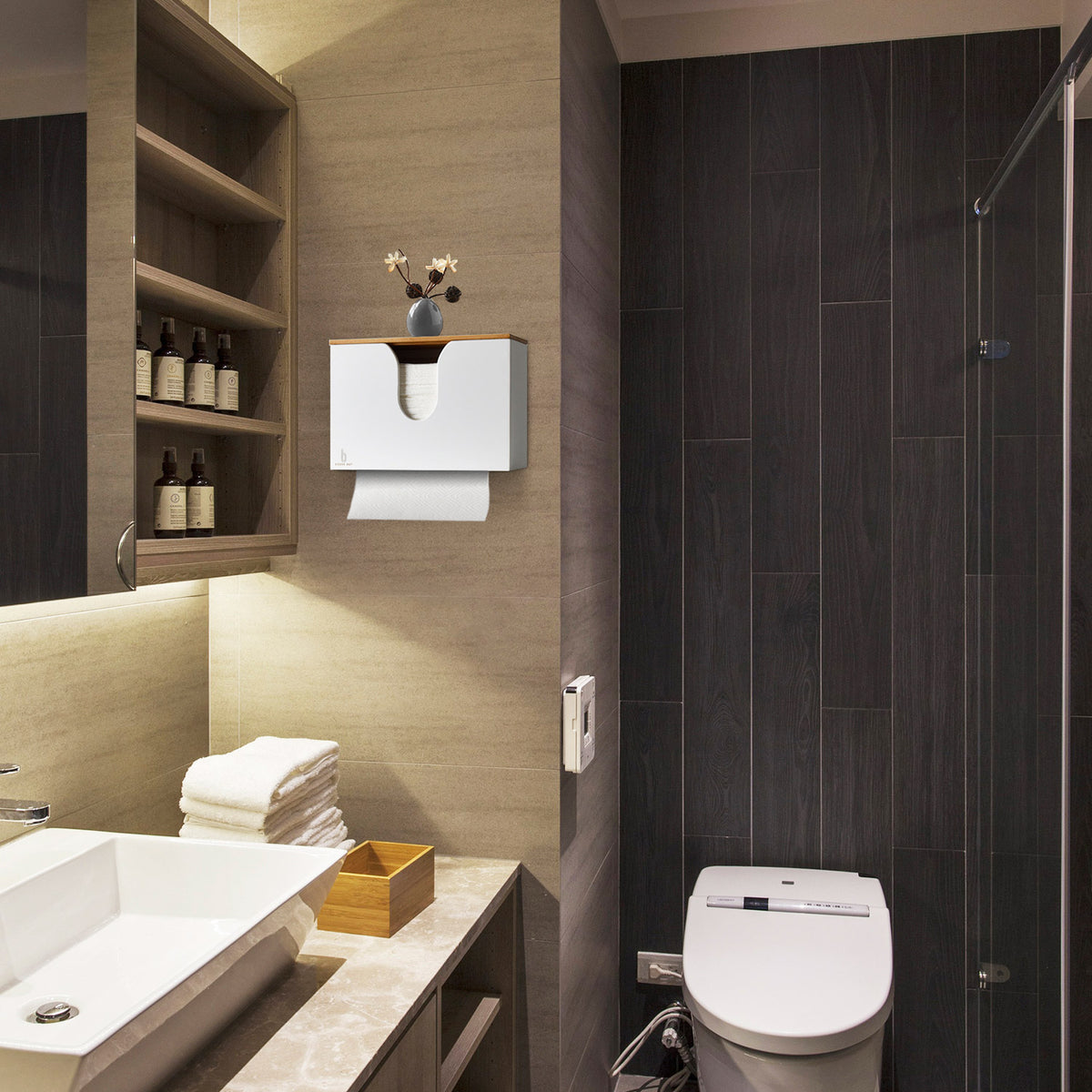 Cozee Bay Bamboo Paper Towel Dispenser, Paper Towel Holder with Lid for Home and Commercial, Wall Mount or Countertop (White)