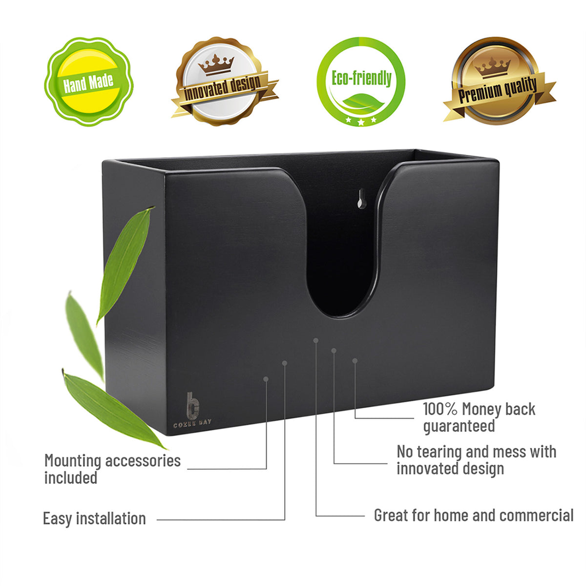 Cozee Bay Paper Towel Dispenser for Kitchen/Bathroom of Home or Commercial, Wall Mount or Countertop (Black)