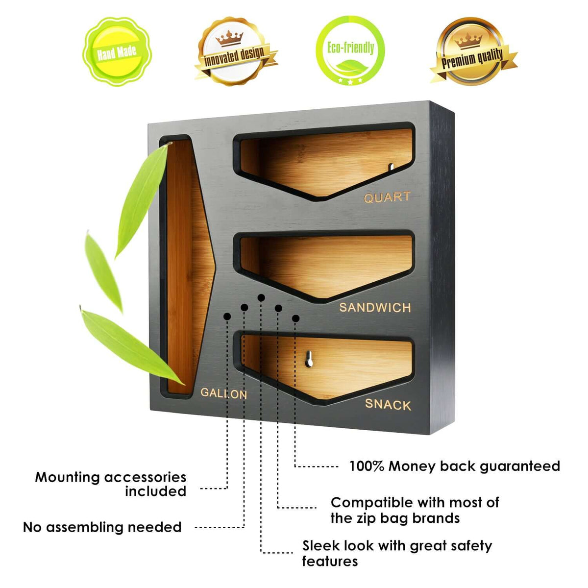 Cozee Bay Bamboo Bag Storage Organizer for Kitchen Drawer, Baggie organizer, Compatible with Gallon, Quart, Sandwich and Snack Variety Size Bags (Black)