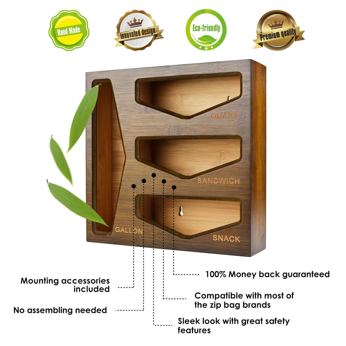 Cozee Bay Bamboo Bag Storage Organizer for Kitchen Drawer, Baggie organizer, Compatible with Gallon, Quart, Sandwich and Snack Variety Size Bags (Vintage Brown)